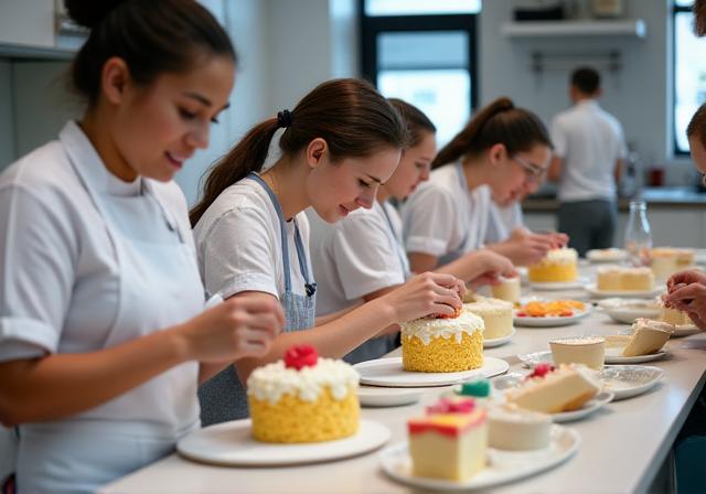 参加者がシェフからケーキのデコレーションを学んでいる様子